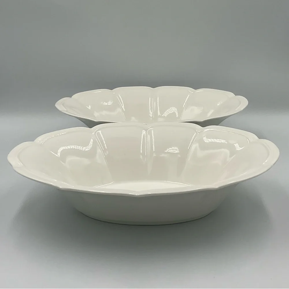 2 Oblong White Scalloped Ceramic Serving Bowls